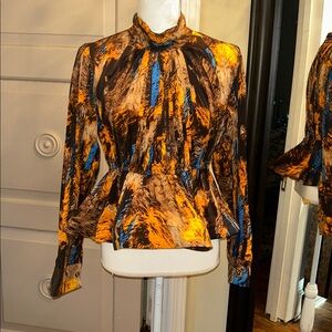 Beulah sz S/M NWTs  Animal Print graphic silky High Waist peplum blouse